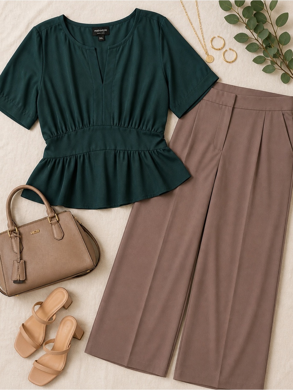 Chic Dark Green Plus Size 5X Peblum top & Metro Style Wide Leg Pant Set Size 20.